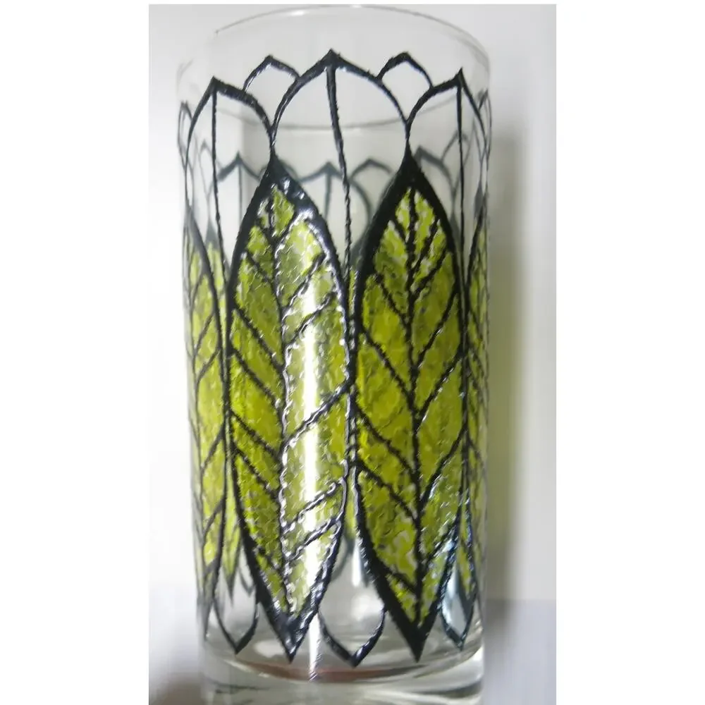 Vintage Continental Can Co Glasses Set 4 Stained Glass Leaf Gold Rim Retro